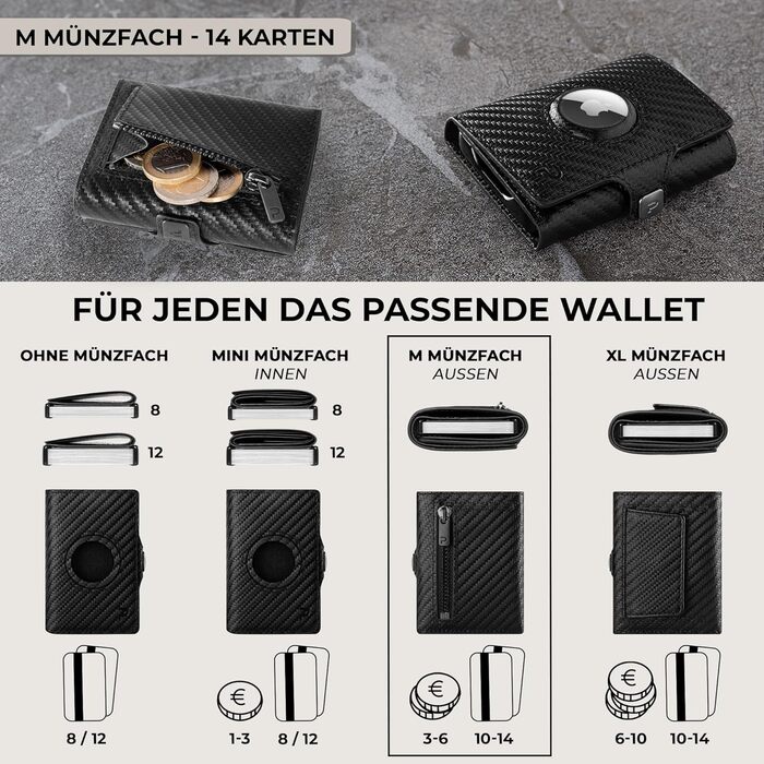 Чоловічий шкіряний гаманець PURISTO KLIK Classic Slim з відділом для монет та RFID-захистом - компактний картхолдер на 10-14 карт (Carbon, AirTag Mini)