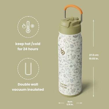 BOTTLE BOTTLE Stainless Steel Water Bottle 24oz (709ml) with Straw Handle and Pill Compartment for Outdoor School, Insulated Sports Bottle (Pumpkin)
