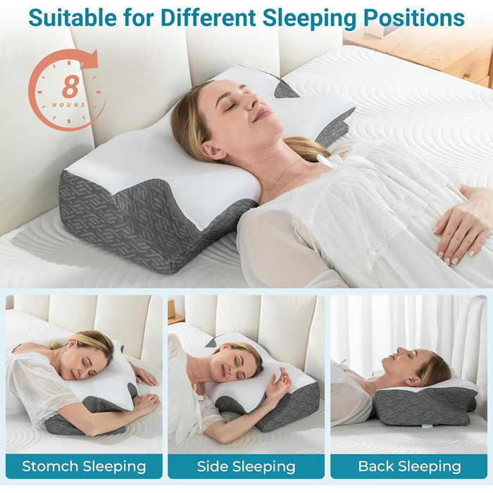 Ортопедична подушка Elviros з Memory Foam, ергономічна подушка для шиї, для тих, хто спить на боці, спині та животі, знімний чохол, Space Grey, 64×(11,5/13)×40 см