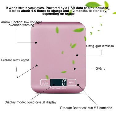 Кухонні ваги цифрові, 10 кг/1 г, USB, з підзарядкою, LCD дисплей, функція тарування, професійні кухонні ваги, рожеве золото