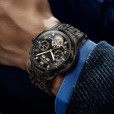 Чоловічий механічний годинник OLEVS з автопідзаводом, турбійоном та календарем, водонепроникний, світловий циферблат (7088 All Black)