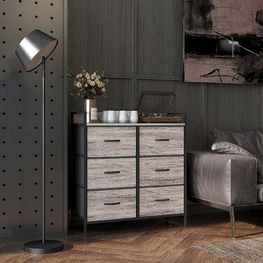 HOMCOM 6-Drawer Fabric Storage Chest of Drawers, Storage Cabinet, Dresser-Style Unit with Wood-Look Finish, Handles, Steel Frame, Industrial Design Sideboard for Living Room - Grey | Aosom