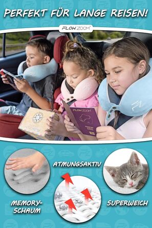 FLOWZOOM Neck Pillow for Children 6 Years and Up - Travel Pillow for Kids Airplane & Car Pillow for Children - Neck Support for Kids Made of Memory Foam with Extra Soft & Washable Cover, Comfy Kids Blue - Size M