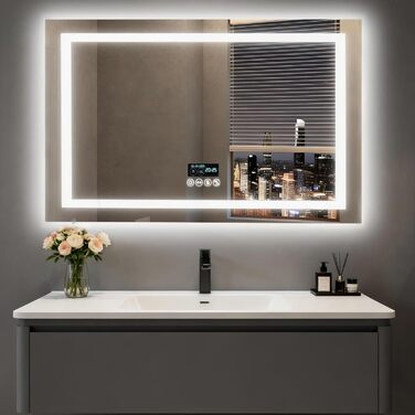 Дзеркало для ванної кімнати LUVODI з підсвічуванням: 100x70 см, годинник, температура, дата, антизапар, регулювання яскравості, 3 кольори світла, функція пам'яті, LED, водонепроникне, Bluetooth