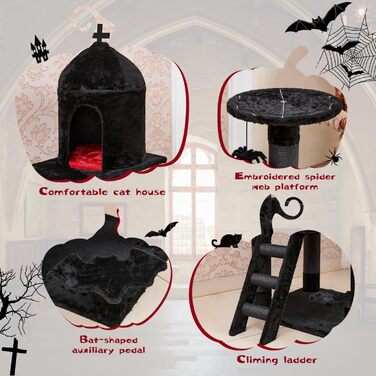 Large Gothic Scratching Post, 140 cm tall, Scratching Post for Large Cats, Stable, XXL Cat Tree with 6 Thick Scratching Pillars, Spider Hanging Ball, Sargbett Platforms, Cave, Black Cat Tower Halloween