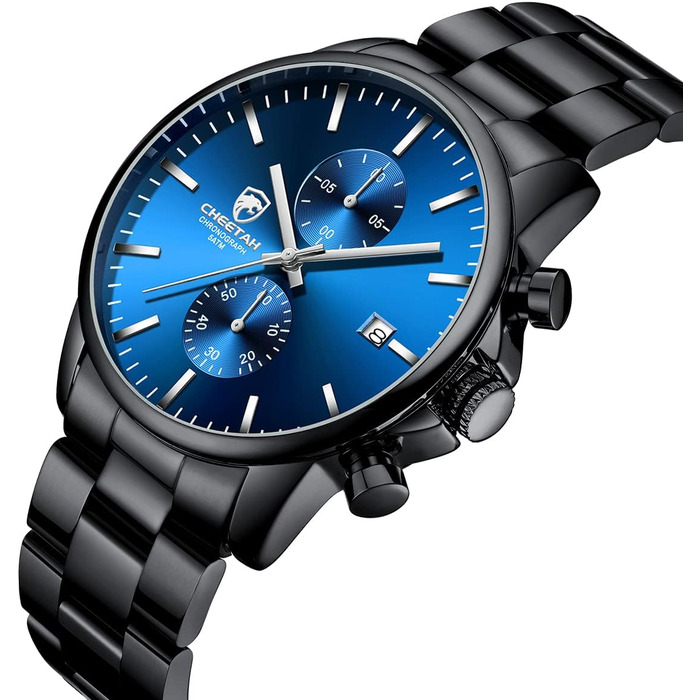 Чоловічий годинник-хронограф з нержавіючої сталі та металу, водонепроникний, з авто-датою, кольорові стрілки (чорно-синій)