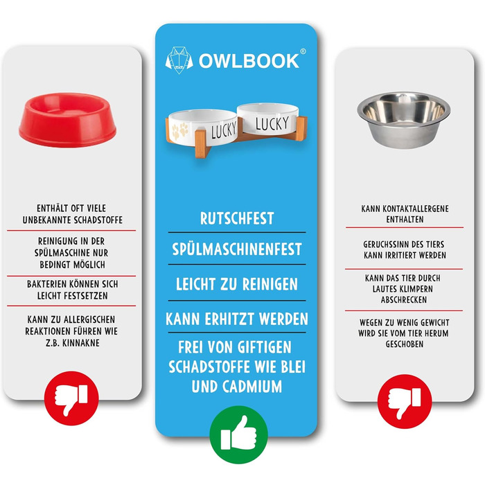 Персоналізована миска для собак OWLBOOK з відбитком лап, з ім'ям або текстом, подвійна керамічна миска з бамбуковим підставкою, 300 мл