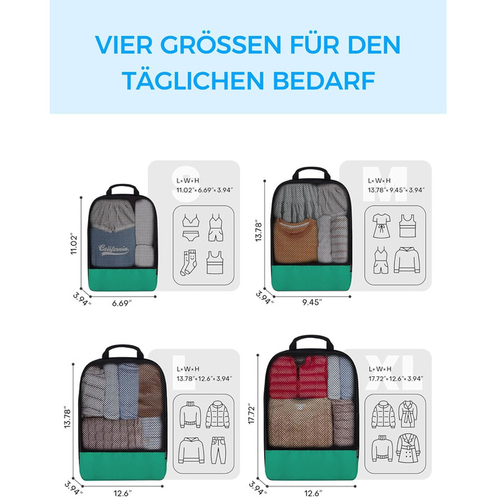 Набір кубиків для пакування багажу BAGLHER - Клатч-органайзер для валізи, зелений, водонепроникний