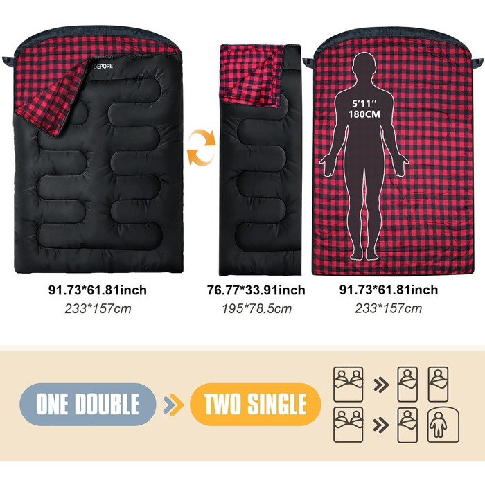 Спальний мішок для двох дорослих з флісу, зимовий, з подушками та сумкою для транспортування, 233*157 см, червоний