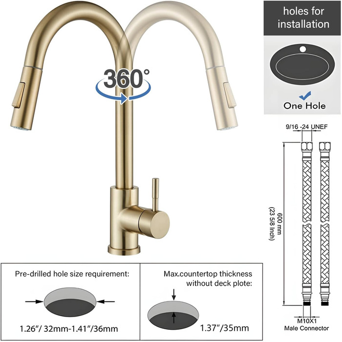 Знімна кухонна змішувач з 2 функціями, золото, 360° поворот, для кухонної мийки, однорідний змішувач, холодна та тепла вода, золотий матовий