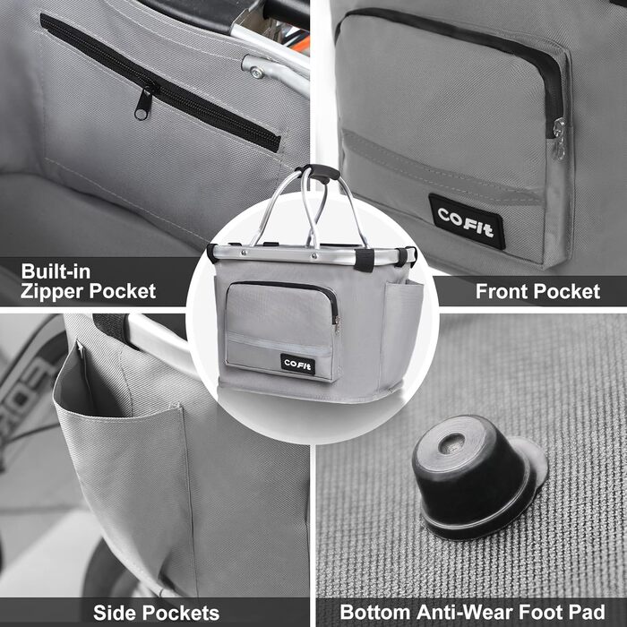 COFIT Складний велосипедний кошик, знімний багатоцільовий кошик для велосипеда, для тварин, покупок, щоденних поїздок, кемпінгу та активного відпочинку. Сірий, з бічними кишенями