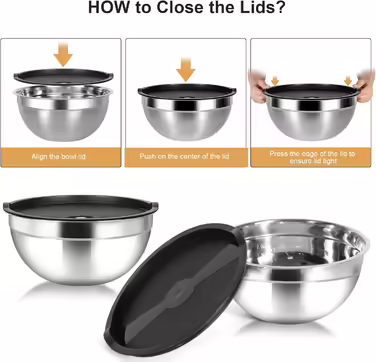 Stainless Steel Bowl Set, 7-Piece, Stainless Steel Mixing Bowls, Salad Bowls, Kitchen Bowls with Lids, Multifunctional Bowls, Nesting