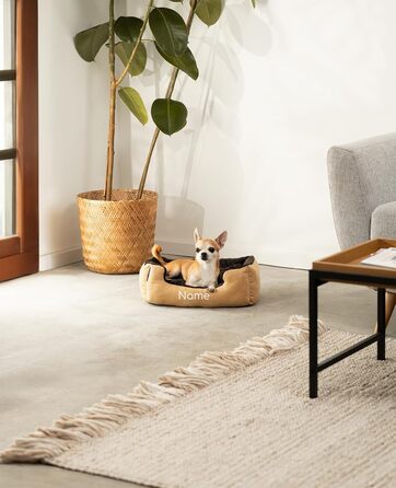 Килимок для собак Lionto з двостороннім подушкою та неслизьким дном, міцний лежак для домашніх тварин з глибоким входом, підходить для собак та котів будь-якого віку, 60x48 см, м'який лежак для собак, (Д 50 x Ш 37 x В 17 см (з іменним нанесенням), бежевий