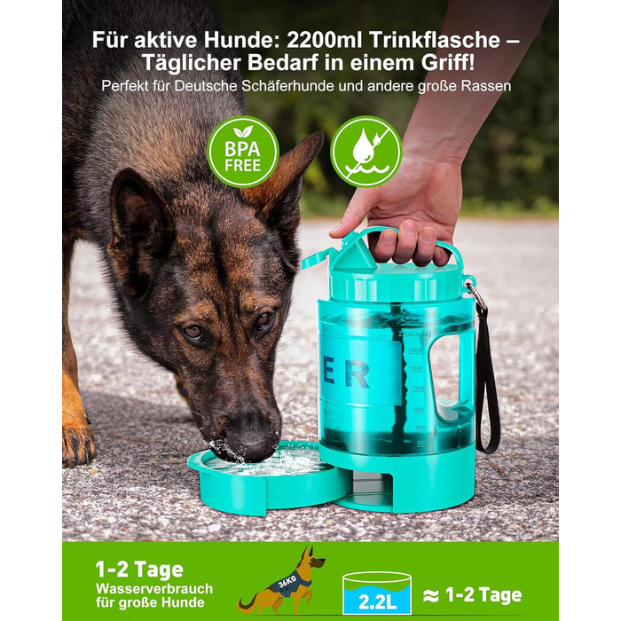 Поїлка для собак Lesotc 2200 мл, велика, для подорожей та кемпінгу (м'ятний)