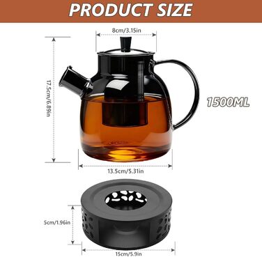 Скляний чайник для чаю з підставкою-підігрівачем та ситом, 1500 мл, заварник для листового та фруктового чаю