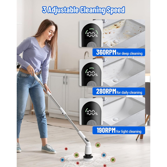 Electric Cleaning Brush, 12-in-1 Electric Spin Scrubber Cordless with 8 Interchangeable Brush Heads, Electric Cleaning Brush with Adjustable Handle for Bathroom, Kitchen, Tiles, Floors, Car (White)