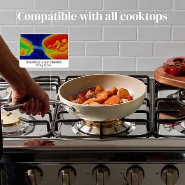 Сковорода Redchef Keramik 28 см з кришкою, антипригарне покриття, для плити Induction, без PTFE, PFAS та PFOA, можна мити в посудомийній машині та використовувати в духовці, бежевий колір