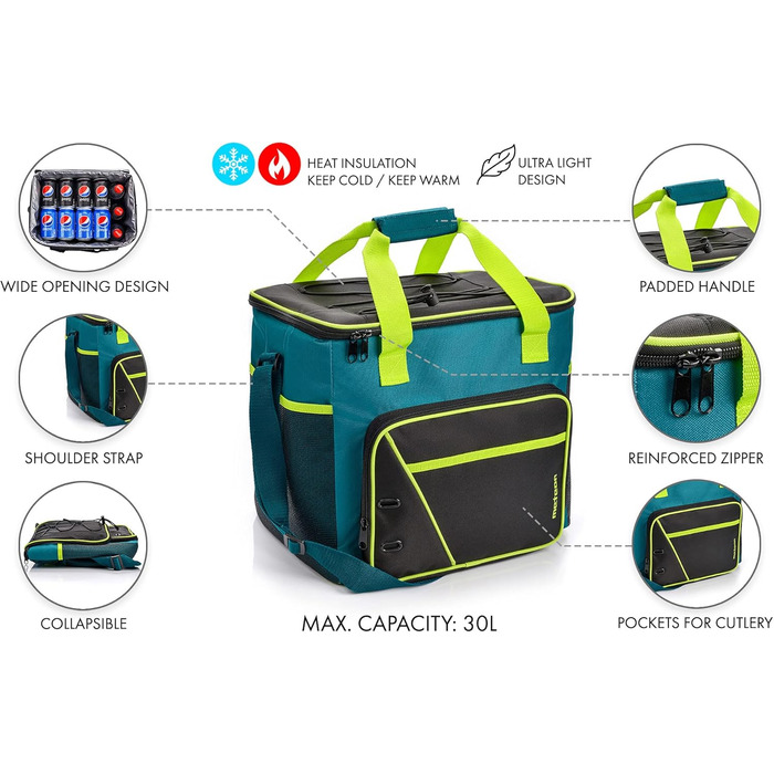 Термосумка 30 л - ідеальна для кемпінгу, пікніка, фестивалю, зберігання їжі та напоїв. Колір: морська хвиля