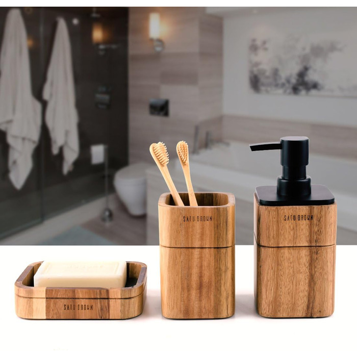 Набір аксесуарів для ванної кімнати 3 шт. з акації (мильниця, дозатор мила, стаканчик), декор для ванної кімнати