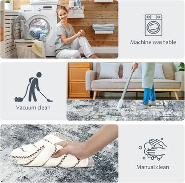 Килим для вітальні та спальні 160x230 см, сірий, короткий ворс, абстрактний, вінтажний дизайн, легко миється, не слизький