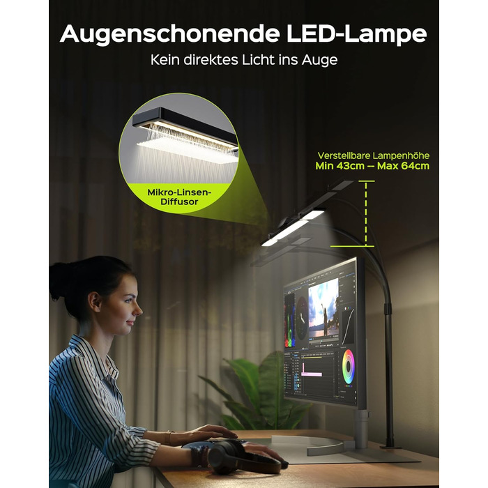 LED лампа настільна Jackyled з 3 регульованими головками, диммер, пульт, для монітора, офісу, майстерні, 5 рівнів яскравості та кольорових температур