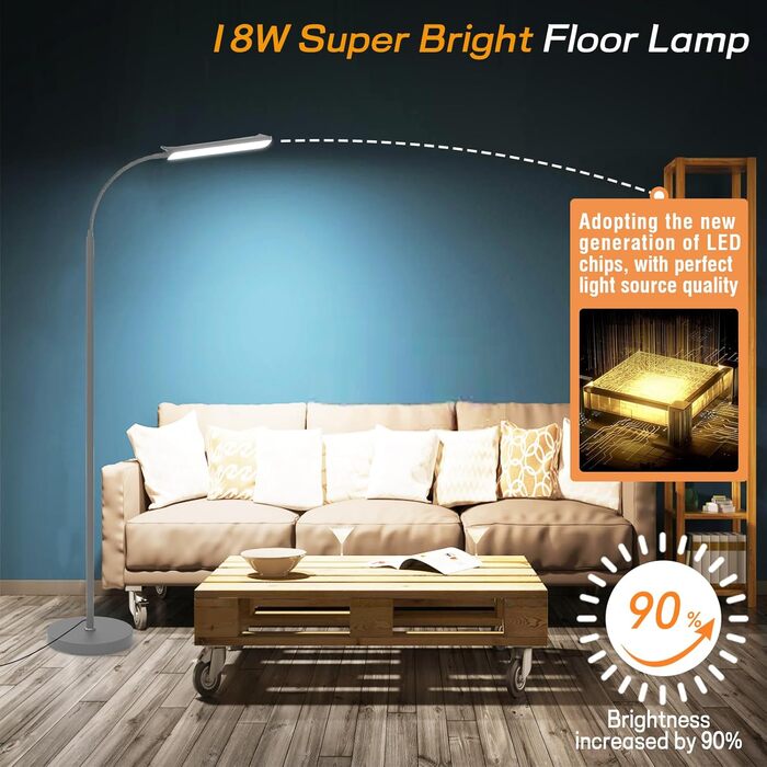 LED-стійка лампа Marctronic для вітальні з регулюванням яскравості, 18W, 1800LM, з пультом та сенсорним керуванням, швидка установка, для офісу, спальні (сіра)