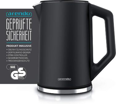 Arendo - Stainless Steel Kettle with Temperature Setting 40-100 Degrees in 5-Degree Increments - Double-Walled Design - Model ELEGANT - 1.5 Liter - 2200 W - Tea Kettle with Temperature Indicator - GS - Black