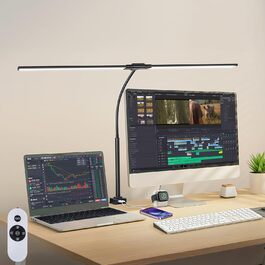 OUTON LED лампа настільна з двома головками, 85.5 см, USB-A & C, регульована яскравість 1600LM, 5 температур кольору, таймер, кріплення, для офісу та дому, чорний