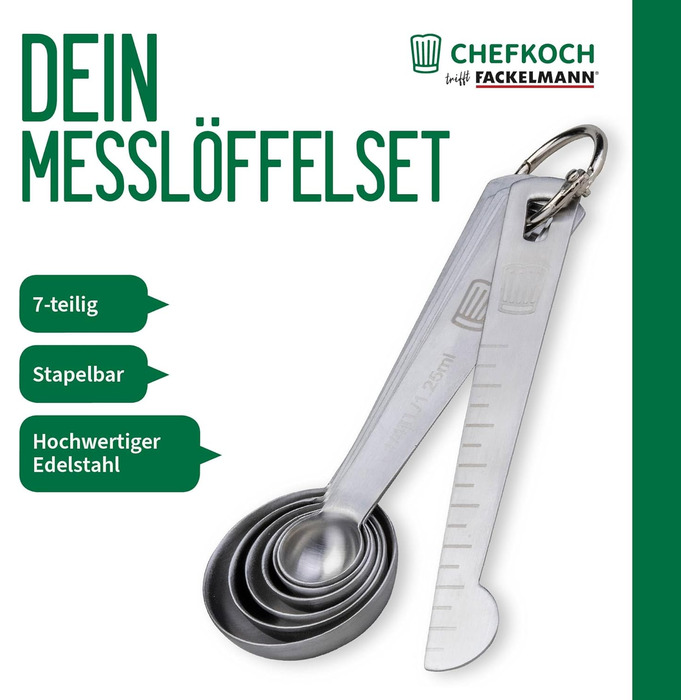 Набір мірних ложок Fackelmann Premium з нержавіючої сталі, 7 шт., гравійовані розміри, для спецій та рідин, придатні для миття в посудомийній машині