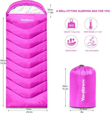 Yordawn Sleeping Bag - Ultralight 3-4 Season Sleeping Bag for Adults & Kids - Waterproof & Compact Travel Sleeping Bag (Rose Pink)