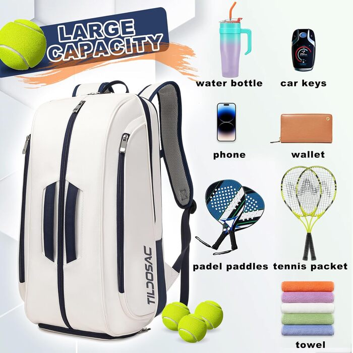 Tennis Padel Pickleball Bag - Large Sports Bag with Shoe Compartment, Laptop Sleeve & Ball Sleeve - White/Blue