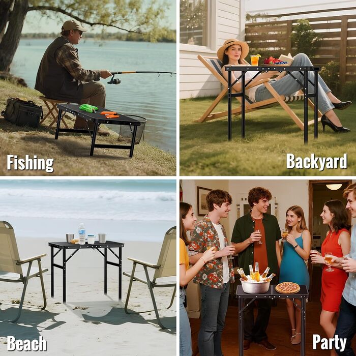 Складний кемпінговий стіл GARLLEN 60x40 см, регульована висота (27/51/75 см), чорний - для пікніка, саду, балкону, пляжу