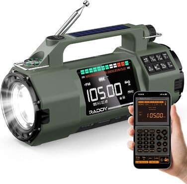 Радіо Raddy SH-906: Аварійне радіо з сонячною панеллю, ручним зарядом, AM/FM/SW/VHF, ліхтарик, SOS, компас, зарядка для телефону. Ідеально для виживання на природі