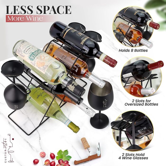 Стильне металеве віноградник Gusto Nostro для столу: 3-рівнева підставка для 8 пляшок вина, для столу, шафи, комори. Без монтажу (Чорний)
