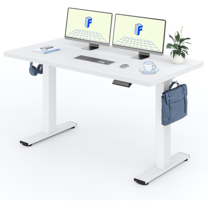 Регульований за висотою стіл FLEXISPOT 160x80 см з гачками та інтегрованою стільницею 25 мм, ергономічний стіл з LED-дисплеєм висоти та функцією пам'яті (Білий, Білий)