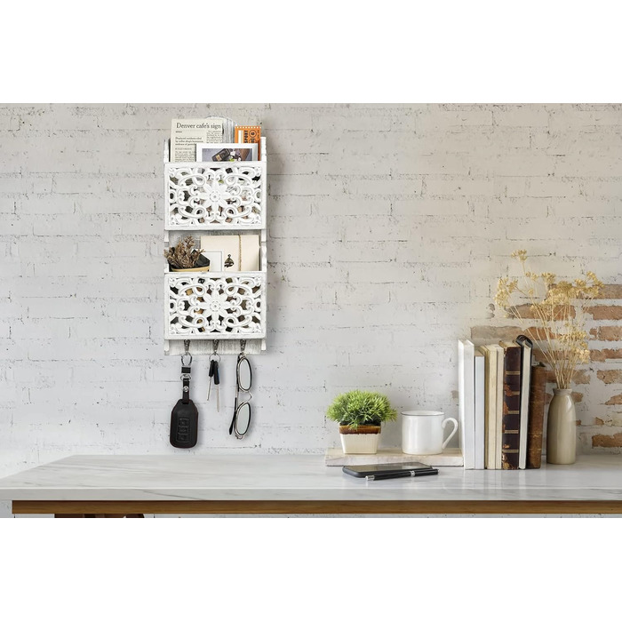 Дерев'яний органайзер для ключів з поличкою та відділенням для листів, крейдяною дошкою та 8 гачками, настінний (античний)