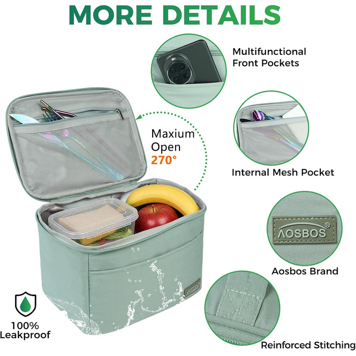 Зручна термосумка-ланчбокс для їжі: компактна, легка, водонепроникна, для роботи та школи (зелена, Upgrade 2026)