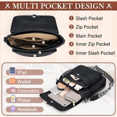 Сумка жіноча RAINSMORE через плече середнього розміру, шкіряна PU, чорна. Кросбоді сумка з широким ременем