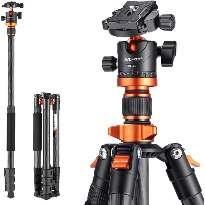 Штатив для камери K&F Concept 156см з вуглецевого волокна, компактний, знімний монопод, кульковий голівкою 360°, вантажопідйомність 15кг, A255C2+BH-36L
