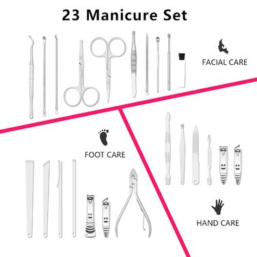 Набір для манікюру та педикюру 23 шт. Професійний набір для стрижки нігтів з нержавіючої сталі з подарунковою шкіряною сумочкою (Рожевий/Сріблястий)