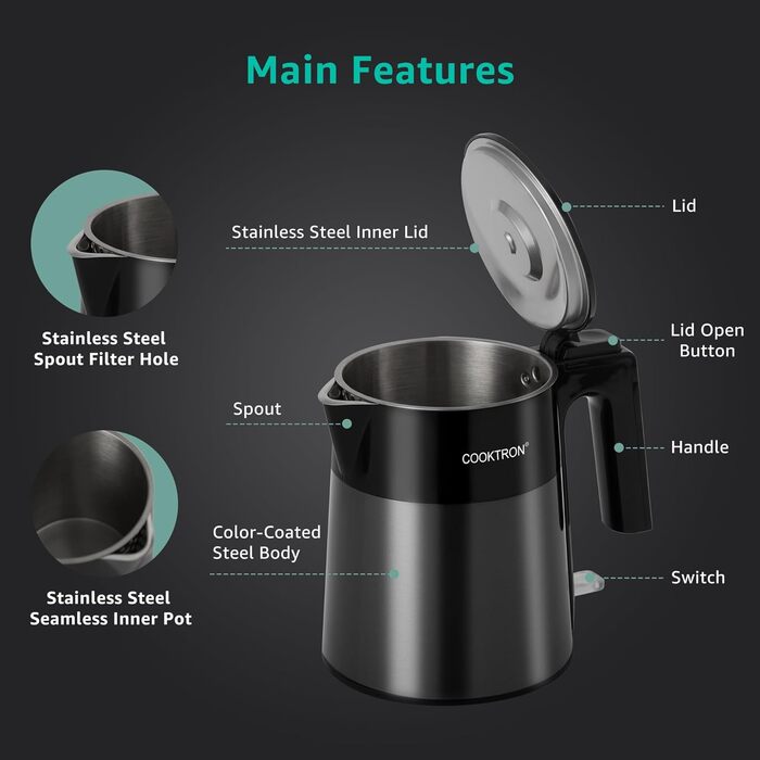 Електричний чайник Cooktron з нержавіючої сталі, 1.7л, тихий (<30дБ), без BPA, Cool Touch, подвійні стінки, швидкий нагрів