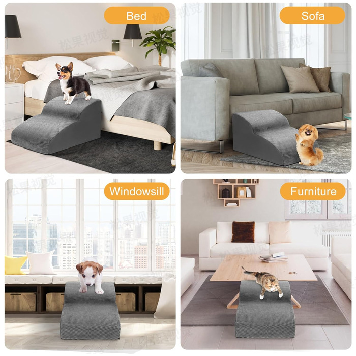 Dog stairs for small dogs, 3 steps pet stairs, cat stairs, sponge dog ramp for sofa bed, dog steps with removable cover, washable pet ladder, lint roller included, grey