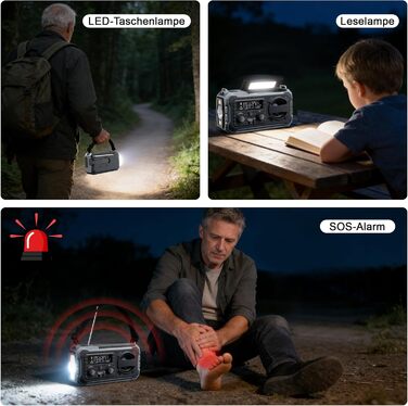 Радіо FIVAVA на сонячних батареях з ручним генератором, Powerbank 10000mAh, AM/FM, SOS-сигналізація, LED-ліхтарик для кемпінгу та надзвичайних ситуацій (Чорний)