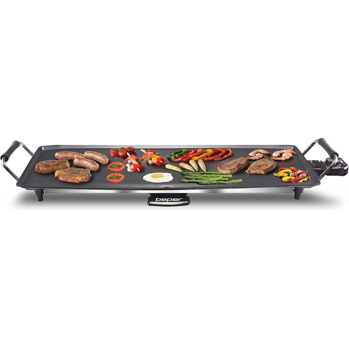 BEPER Electric Grill with Glass Lid - Non-Stick Coated Grill Plate, Stainless Steel, 1800W