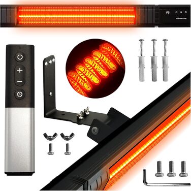 Інфрачервовий обігрівач RAY 2500W – електричний обігрівач з 9 ступенями, IP65 для тераси та приміщення, настінний, з пультом та таймером, чорний