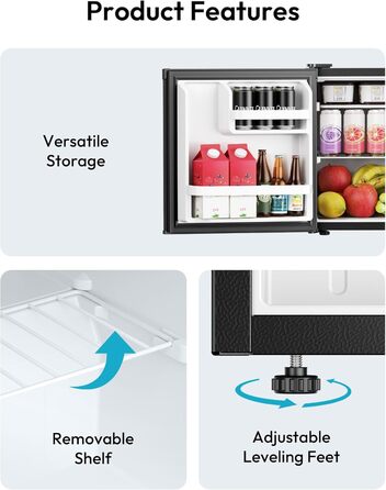 EUHOMY Міні холодильник 46L, компактний холодильник з регулюванням температури, тихий (38dB), енергоефективний для спальні, офісу