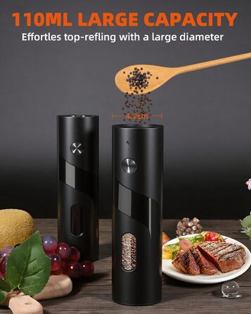 Набір електричних мельниць для солі та перцю з заряджною станцією, об'єм 110 мл, 5 ступенів помелу, керамічна млинка, щітка, 2 шт., чорний