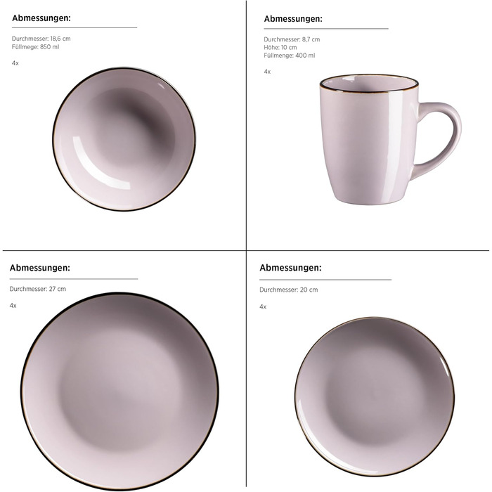 Набір посуду на 4 особи з мідним кантом, 16 предметів, лавандовий колір. Комплект посуду з безрукавними купе-формами