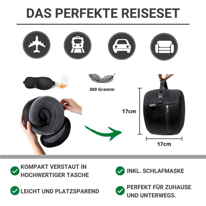 AIRTH® Подушка для шиї з піною Memory Foam 360° з кріпленням на липучці - Ергономічна підтримка шиї з знімним чохлом для максимального комфорту та відпочинку (Світло-сіра)