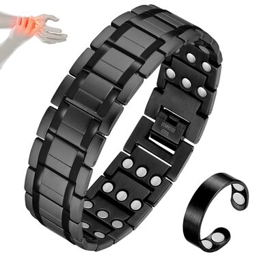 Браслет для лімфодренажу чоловічий з магнітами, титан, регульований, з інструментом для зняття та подарунковою коробкою (Чорний) (3 ряди)